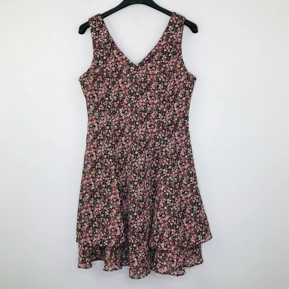CDC Women's 6 Mini Dress Black Red Floral Layered Tiered V-Neck Tank Sheath CJ18